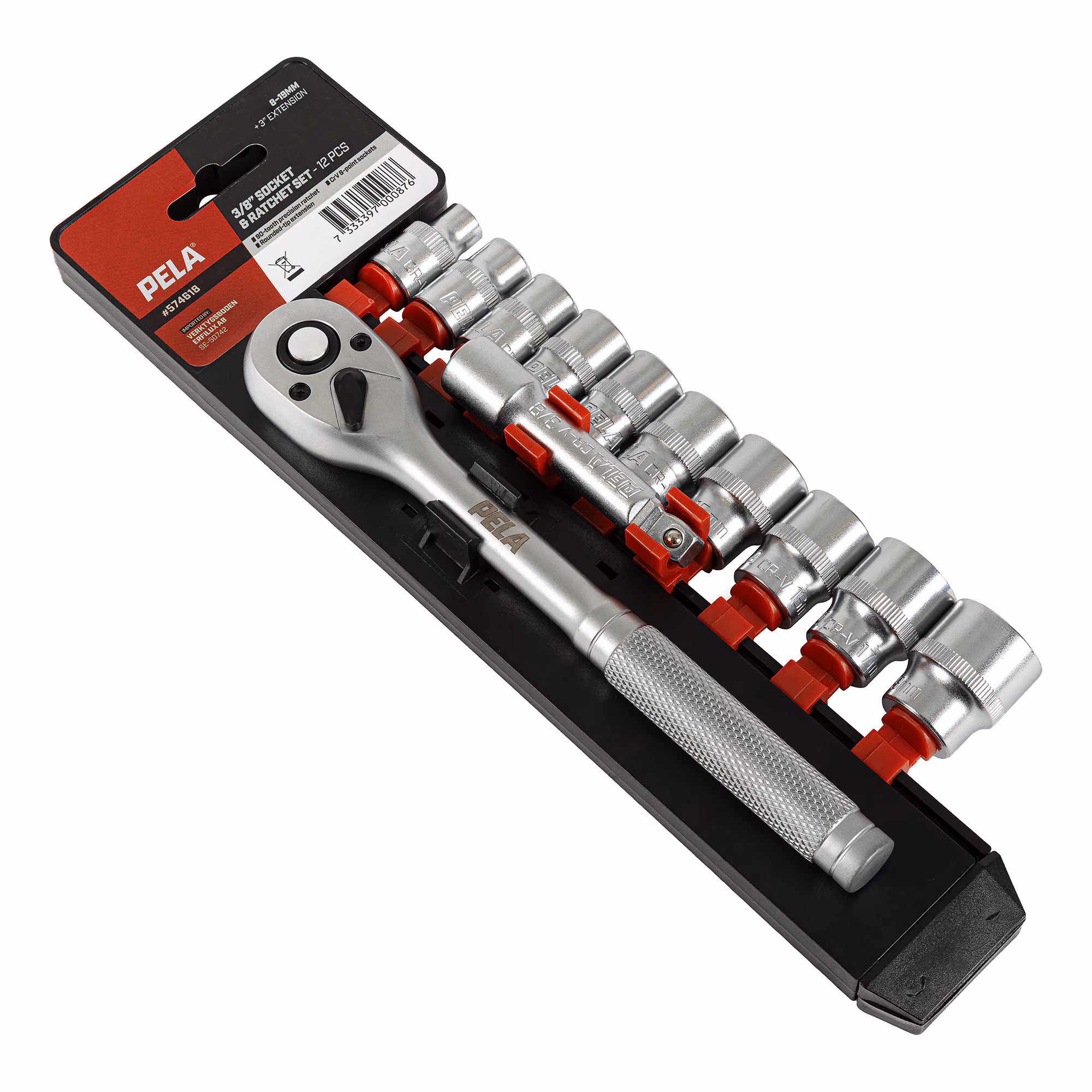 Kjøp PELA Hylse- og sperreskaftsett 3/8" – 12 deler (8–19 mm) + 3" forlengelse