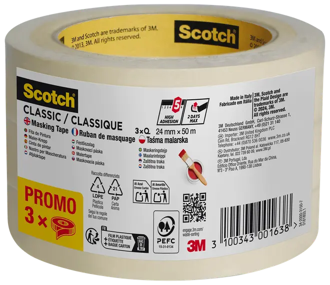 Scotch® maskeringstejp 50 meter x 24 mm, 3-pack