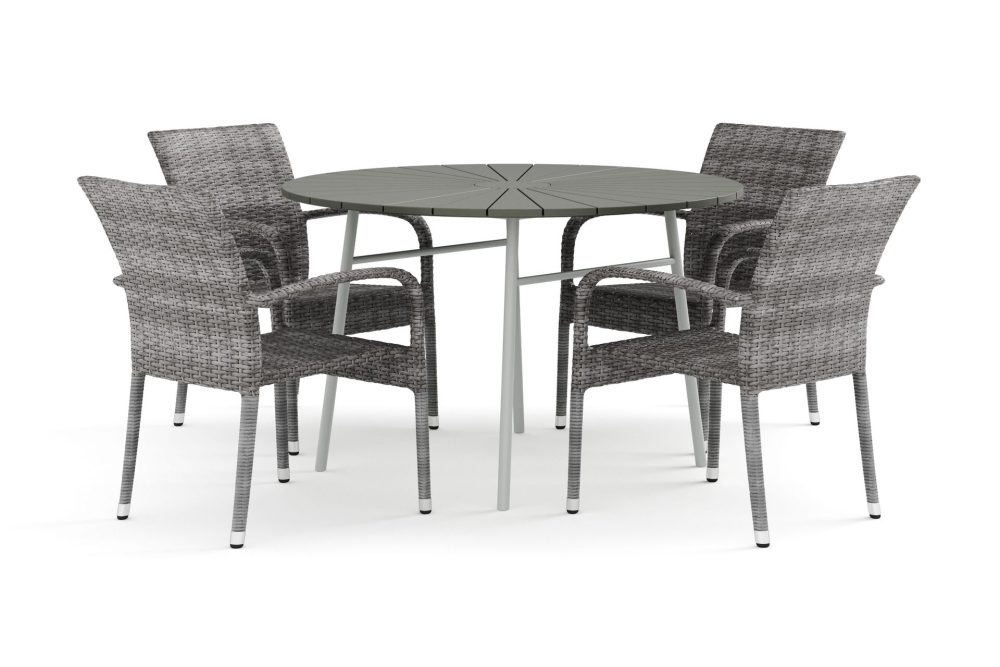 Tunis utomhus rund matgrupp 120 cm med 4 Thor Light utefåtöljer