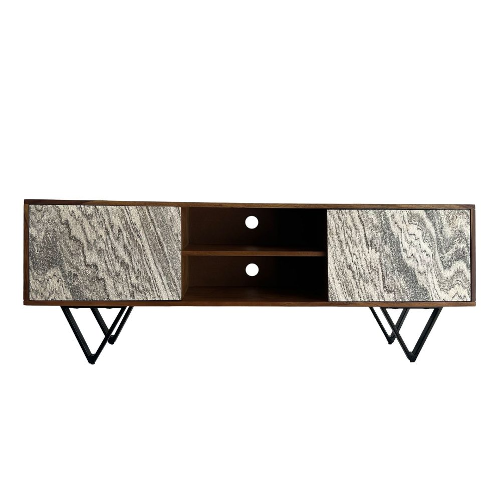 Venlor TV-bänk 150x56x35 cm i massivt sheeshamträ med vit stenlook