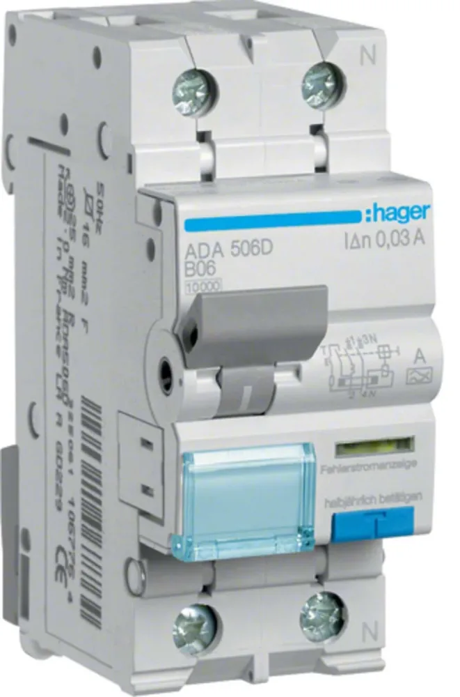 Hager ADA506D Personskyddsautomat 2-polig, karakteristik B 6 A