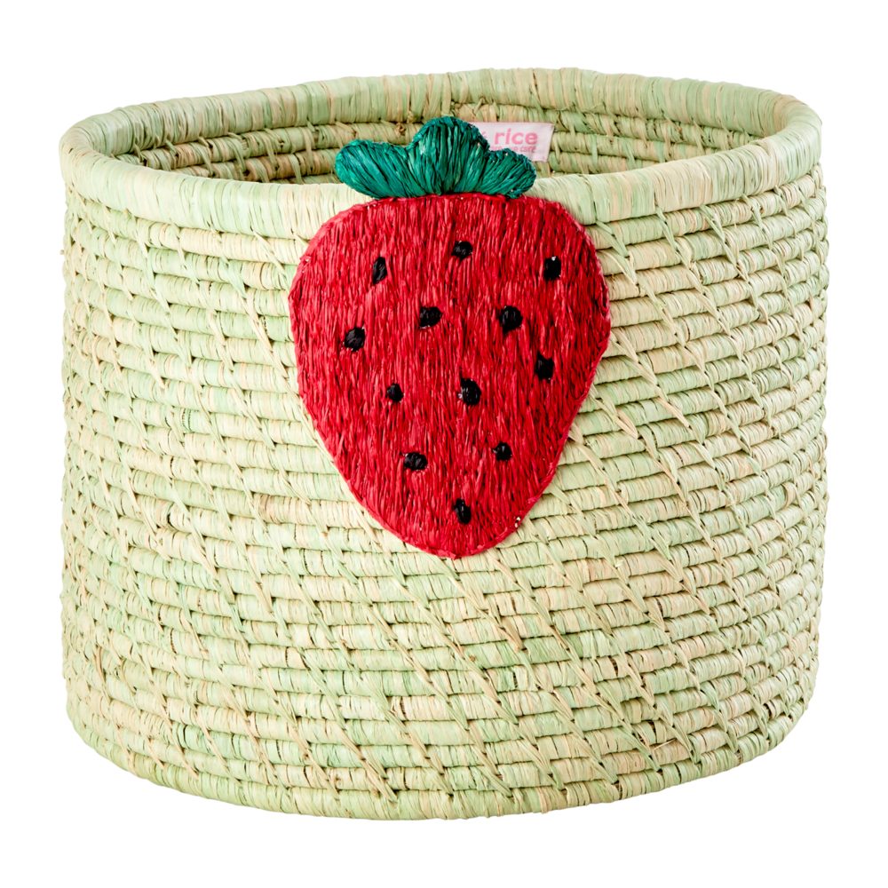 Rice raffia förvaringskorg Ø35 cm, Strawberry embroidery