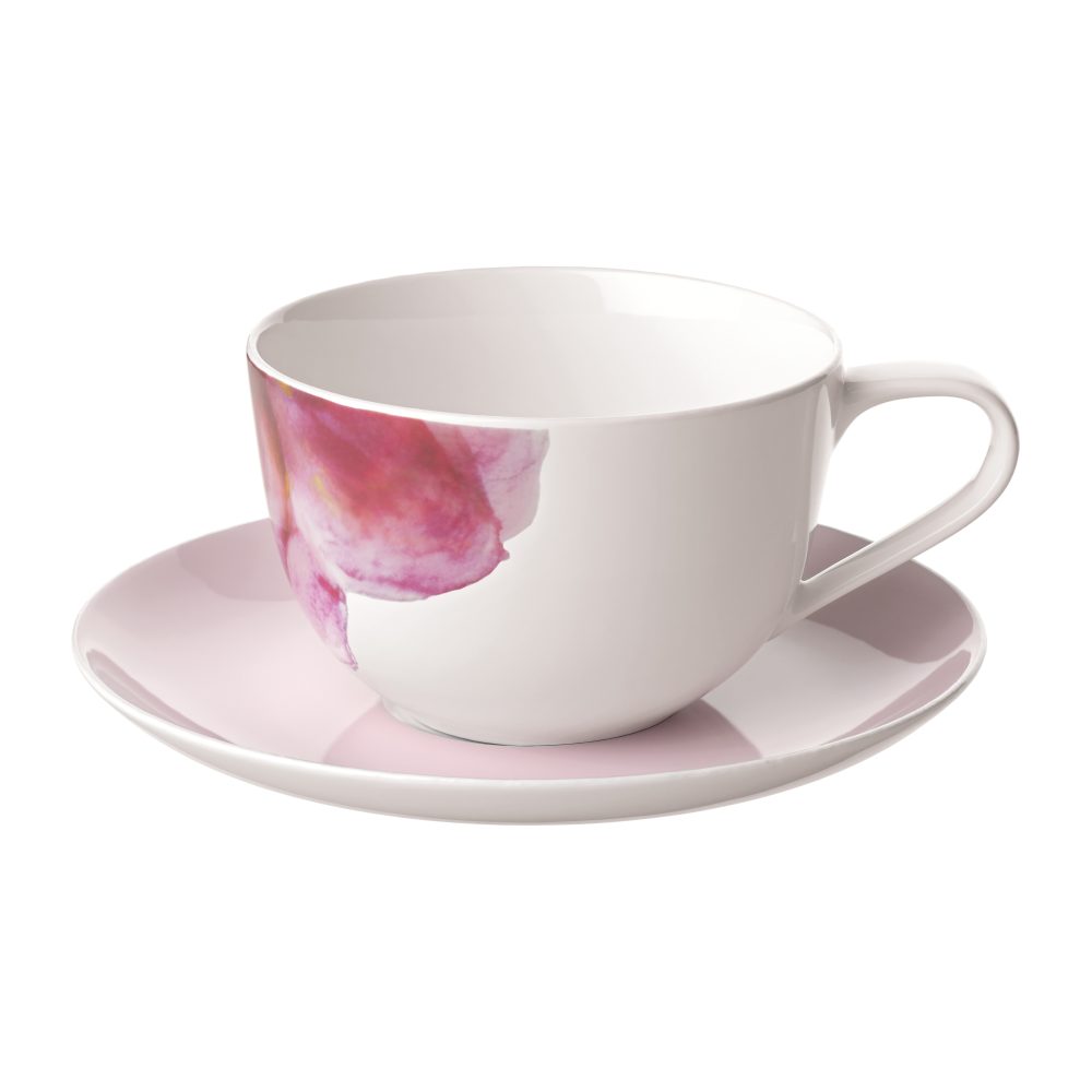 Rose Garden kopp med fat, Rosa-vit