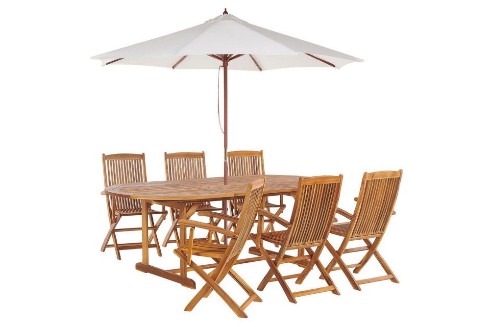 Matsalsset Maui med parasoll 8-sits Ljus trä/beige