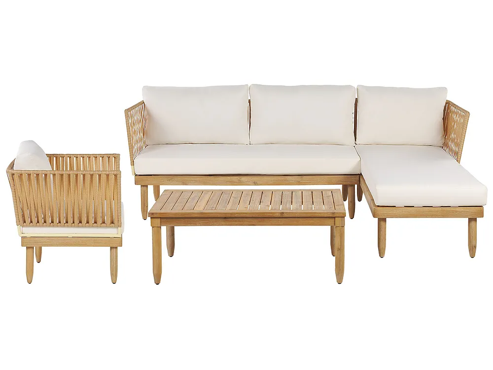 Trädgårdssoffgrupp med bord 4-sits CREMONA Akaciaträ Ljusbrun/ Off-White Vänstervänd