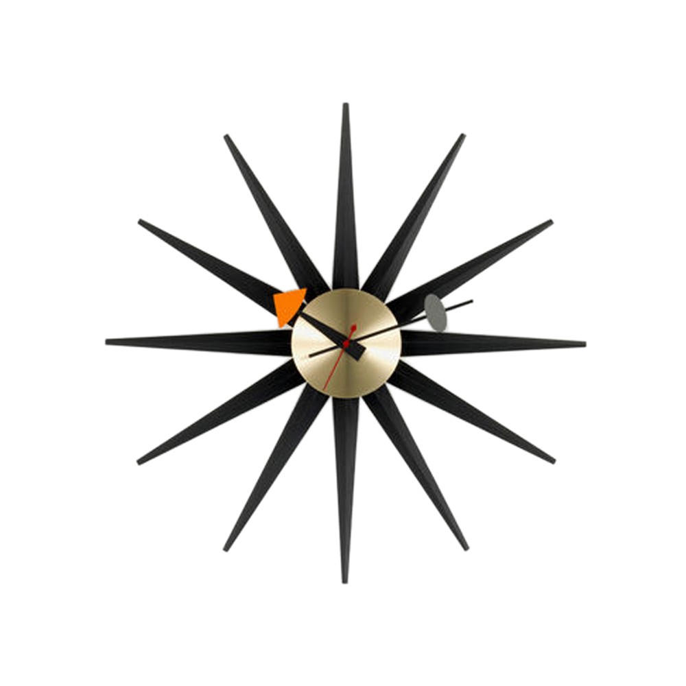 Sunburst clock väggklocka, Svart-Mässing