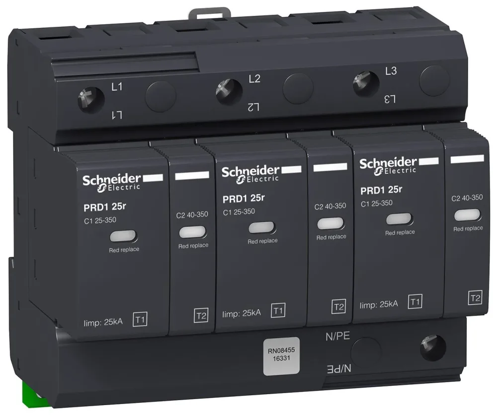 Schneider Electric 16332 Överspänningsskydd med signalkontakt, PDR1 25R 3P+N, 25/100 kA