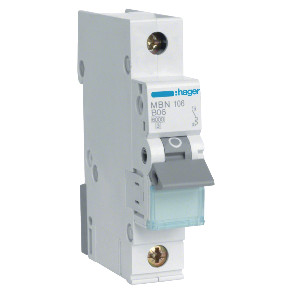 Minibrytare Skruvanslutning 1Pol B-Karakteristik 6A 6kA 230-400V IP20 Hager