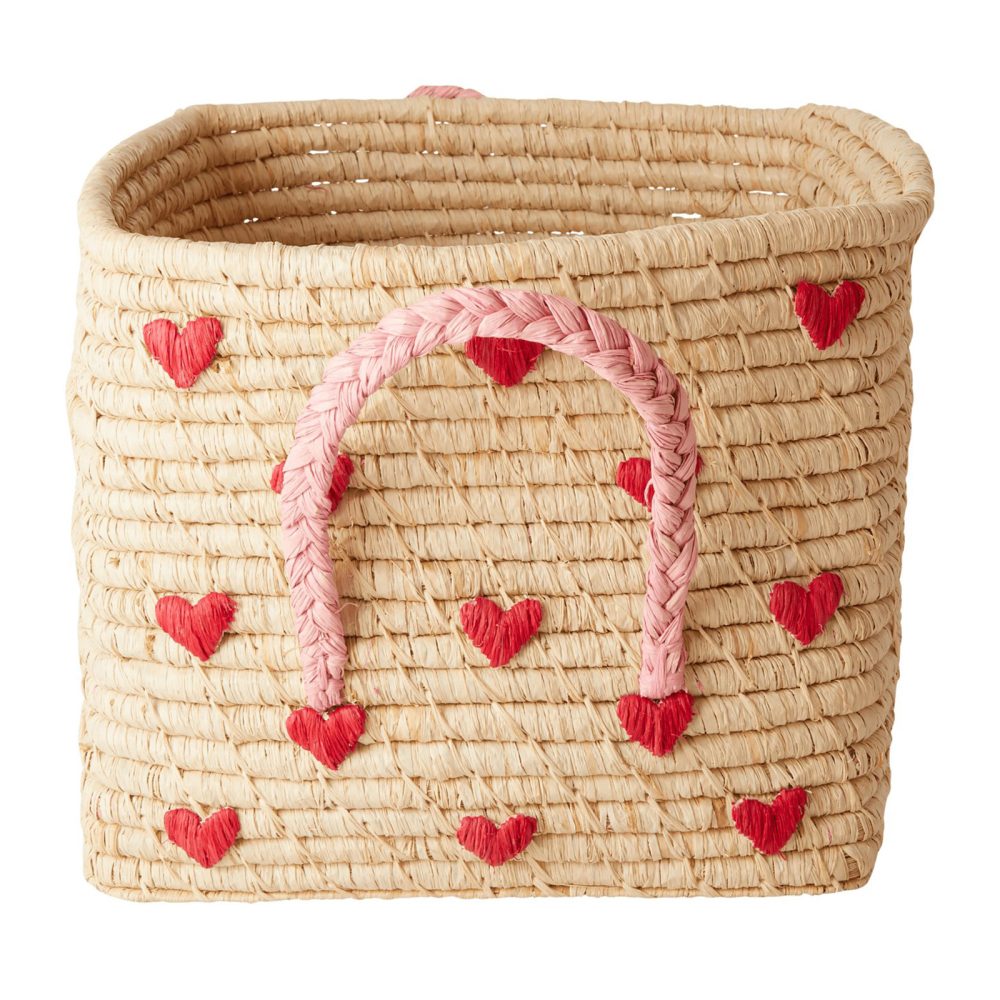 Rice raffiakorg med handtag 30x30 cm, Red hearts