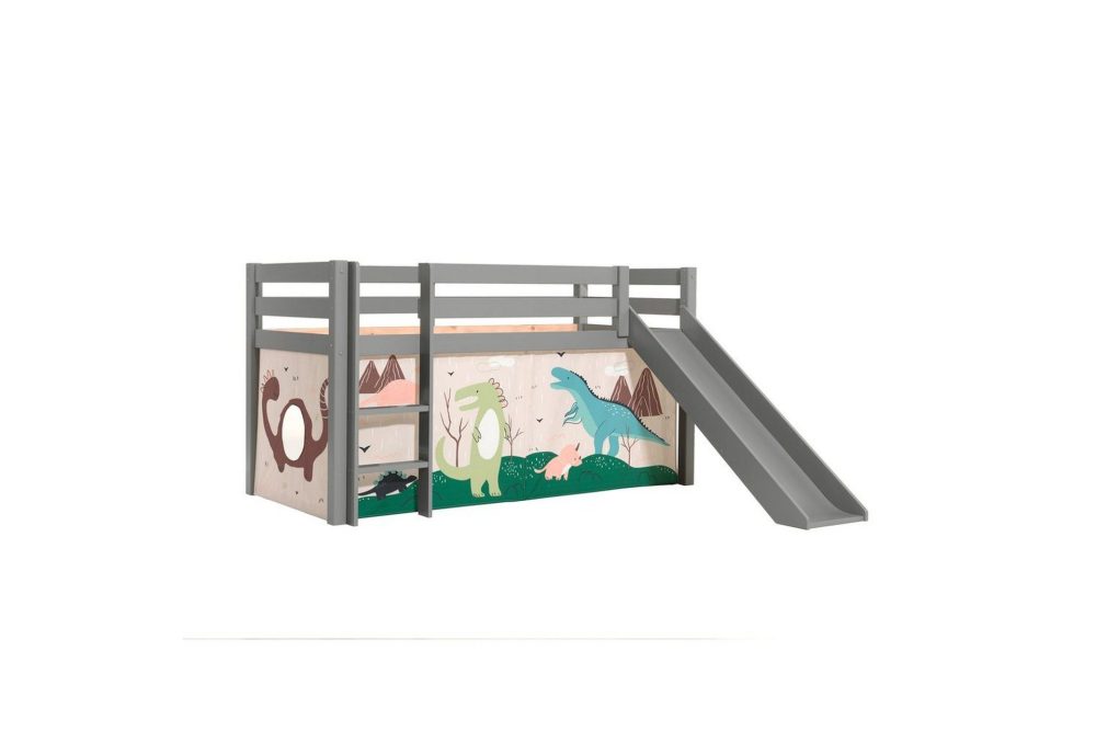 Halvhög Säng med gardin och rutschkana Pino Grå, Dino