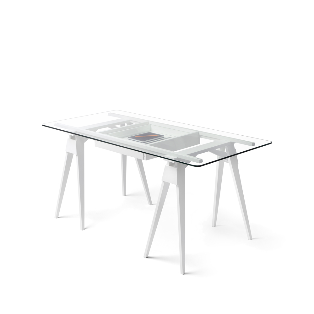 Arco skrivbord, vit lack, inkl. låda, glasskiva